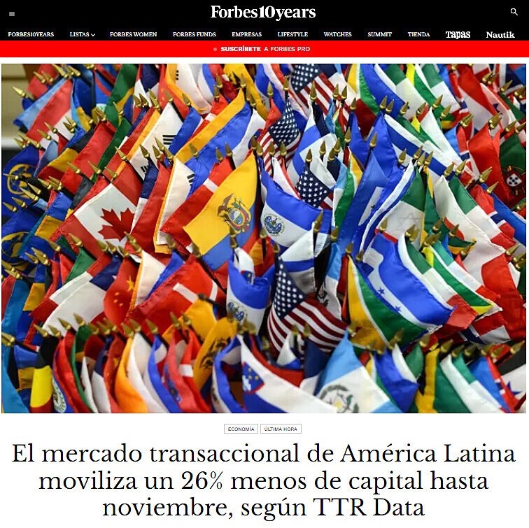 El mercado transaccional de Amrica Latina moviliza un 26% menos de capital hasta noviembre, segn TTR Data